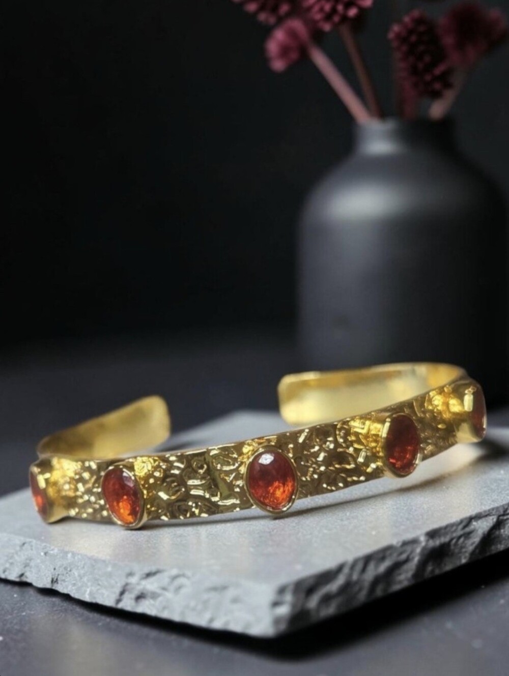 18k Gold Plated Hammered Ruby Glass Crystal Stacker Bangle Cuff Bracelet